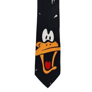 Vintage Looney Tunes Mani Mens Tie Daffy Duck Satin Black Necktie 1993s Retro